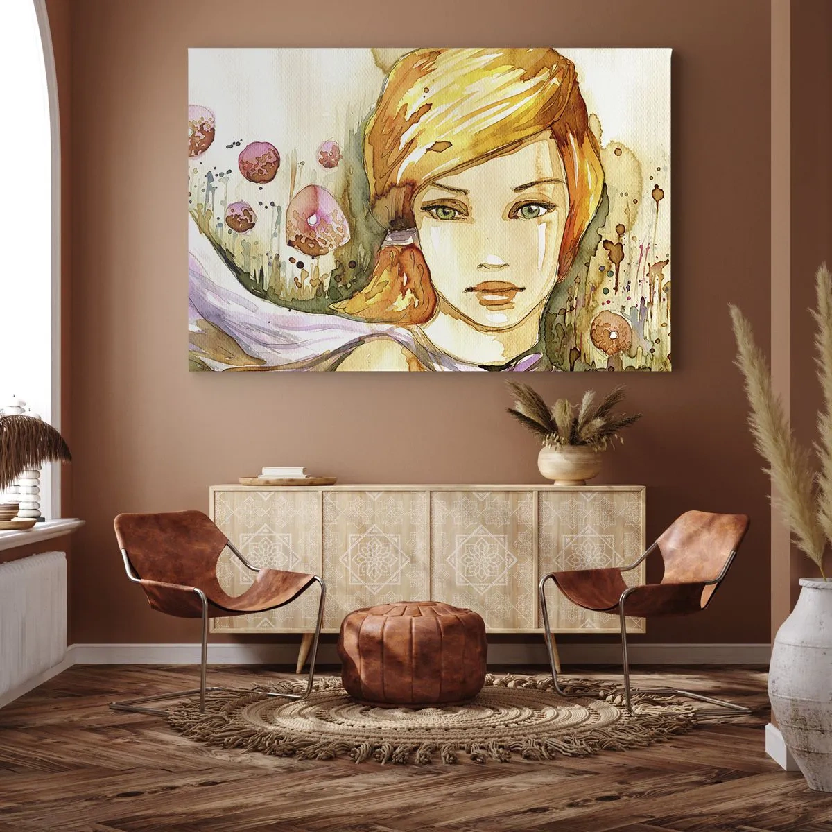 Vászonkép - Egy intenzív tekintetű, akvarell színű nő portréja - 70x50cm - Smaragd tekintet, amely lecsillapítja a haragot - Modern fali dekoráció nappalihoz és hálószobához ARTTOR