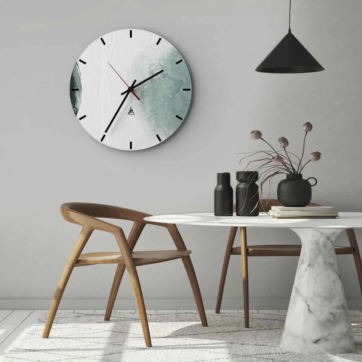 Falióra, Óra - Visszafogott absztrakció zöld foltokkal világos háttér előtt - 30x30cm - Találkozás a köddel - Modern fali dekoráció nappalihoz, konyhához és hálószobához ARTTOR