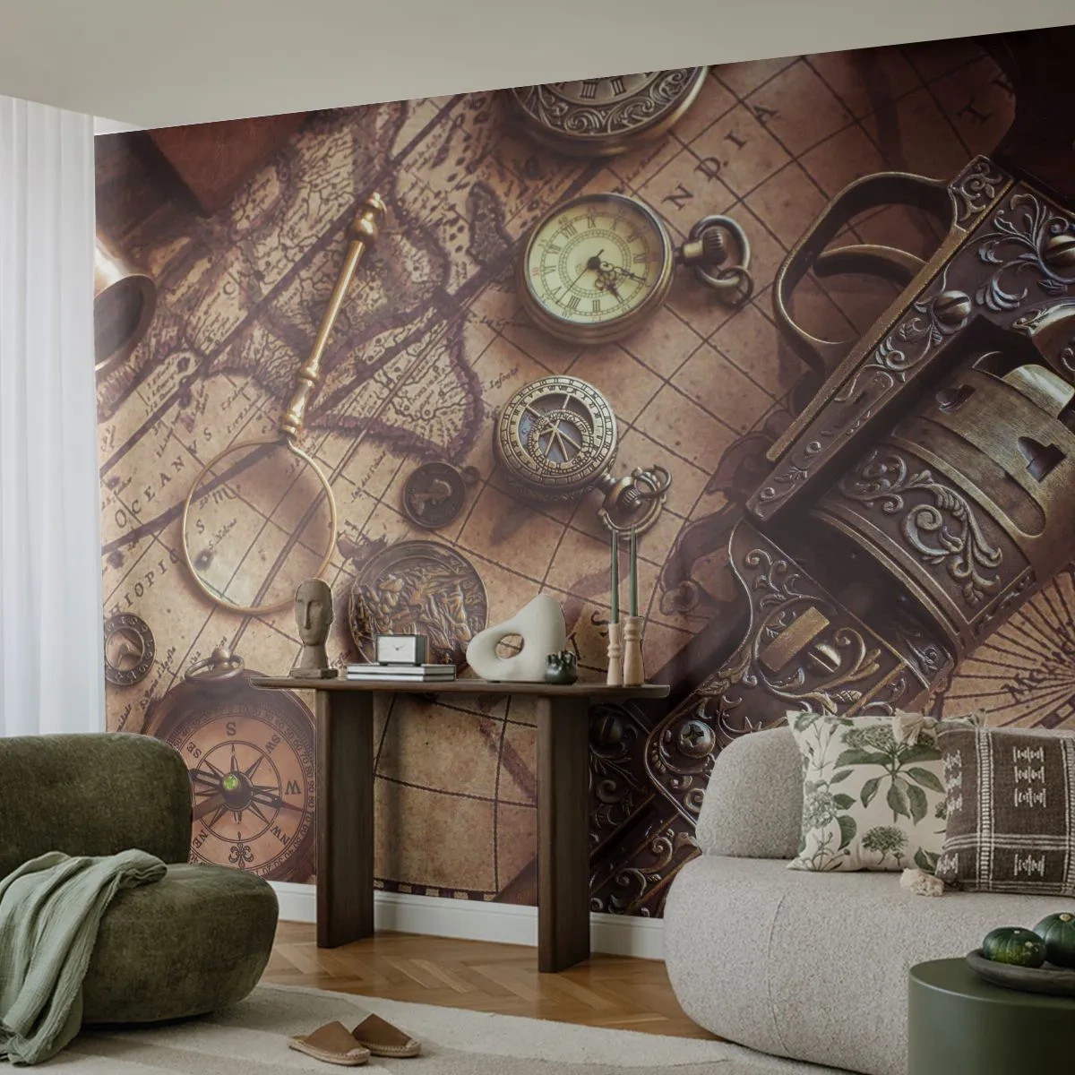Fotótapéta Premium Canvas - Hív a kaland - Világtérkép, Iránytű, Revolver - 250x175 cm