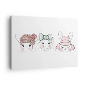 Vászonkép - Imádnivaló nyuszik pasztellszínű fejdíszben - 70x50cm - Töprengő, szomorú, elégedett - Modern fali dekoráció nappalihoz és hálószobához ARTTOR