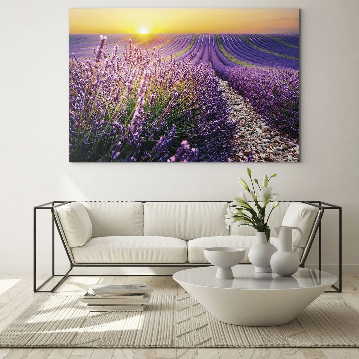 Üveg kép - Levendula mező napfelkeltekor, sziklás ösvényen - 70x50cm - Illatos szálak - Modern fali dekoráció nappalihoz és hálószobához ARTTOR