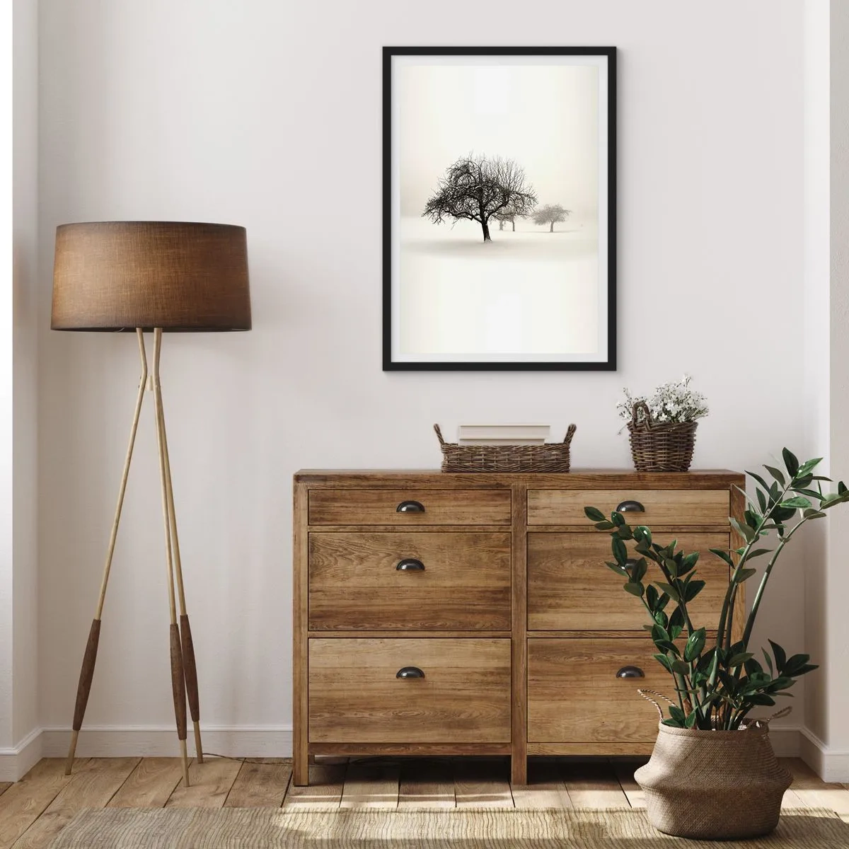 Poszter fehér keretben - Téli táj magányos fákkal ködös környezetben - 50x70cm - Téli álom - Modern fali dekoráció nappalihoz és hálószobához ARTTOR