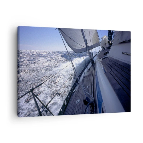 Vászonkép - Egy vitorláshajó viharos tengeren, fehér vitorlákkal és fa fedélzettel. - 70x50cm - Tudom, mit jelent madárnak lenni - Modern fali dekoráció nappalihoz és hálószobához ARTTOR