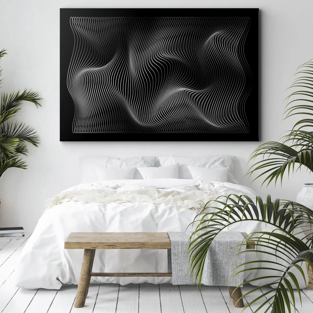 Vászonkép - Absztrakt fehér vonalak fekete háttéren - 70x50cm - A fény tánca a térben - Modern fali dekoráció nappalihoz és hálószobához ARTTOR