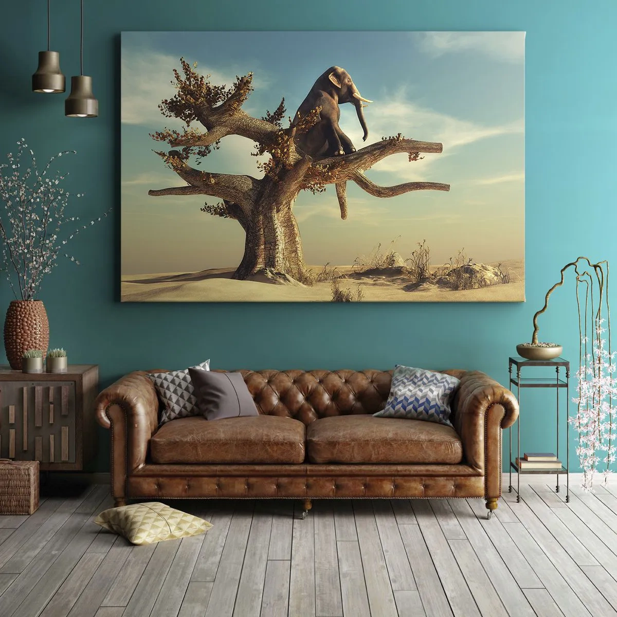 Vászonkép - Egy elefánt ül egy fán egy szürreális tájban - 70x50cm - Egy új nézőpont - Modern fali dekoráció nappalihoz és hálószobához ARTTOR