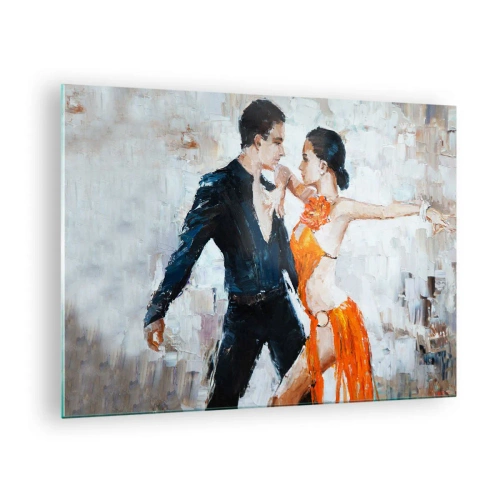 Üveg kép - Egy pár dinamikus pózban táncol impresszionista stílusú háttér előtt - 70x50cm - Dirty dancing - Modern fali dekoráció nappalihoz és hálószobához ARTTOR