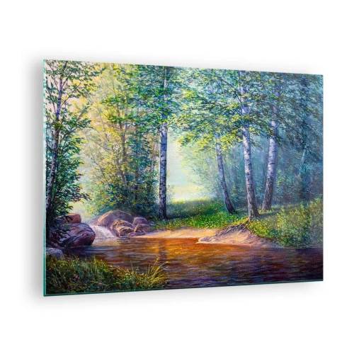 Üveg kép - Egy erdei patak, fák között a nap sugarai - 70x50cm - Idilli táj - Modern fali dekoráció nappalihoz és hálószobához ARTTOR