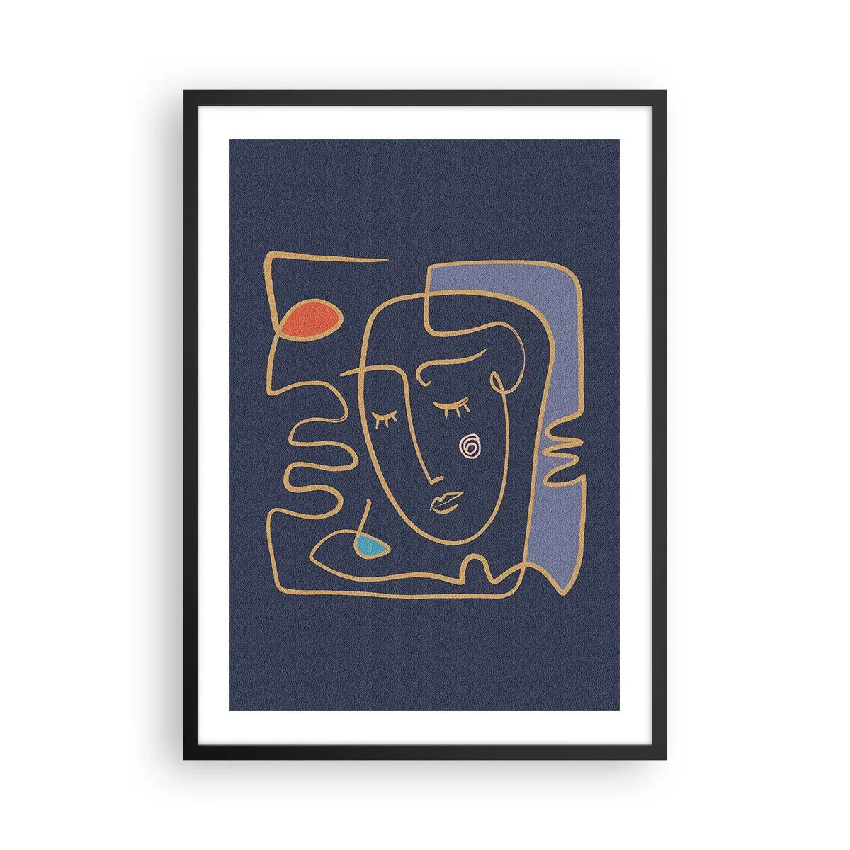 Poszter fehér keretben - Minimalista absztrakt arc sötétkék alapon vonalas rajz stílusban - 50x70cm - Álmodozásban - Modern fali dekoráció nappalihoz és hálószobához ARTTOR