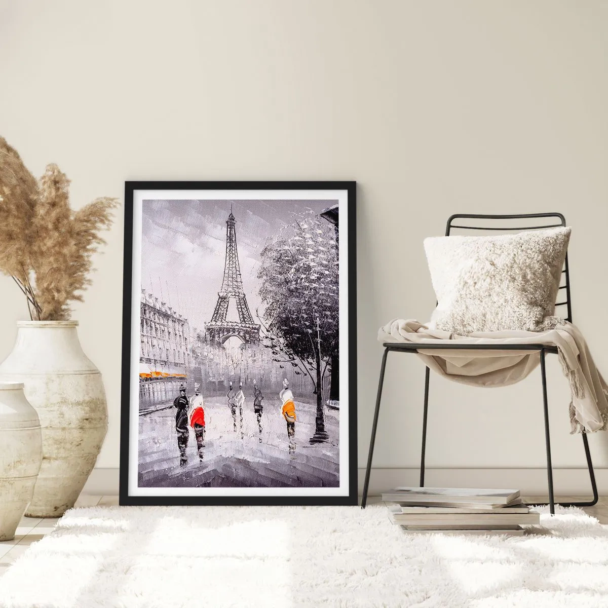Poszter fehér keretben - Az Eiffel-torony utcaképével egy esős napon - 50x70cm - Párizsi séta - Modern fali dekoráció nappalihoz és hálószobához ARTTOR