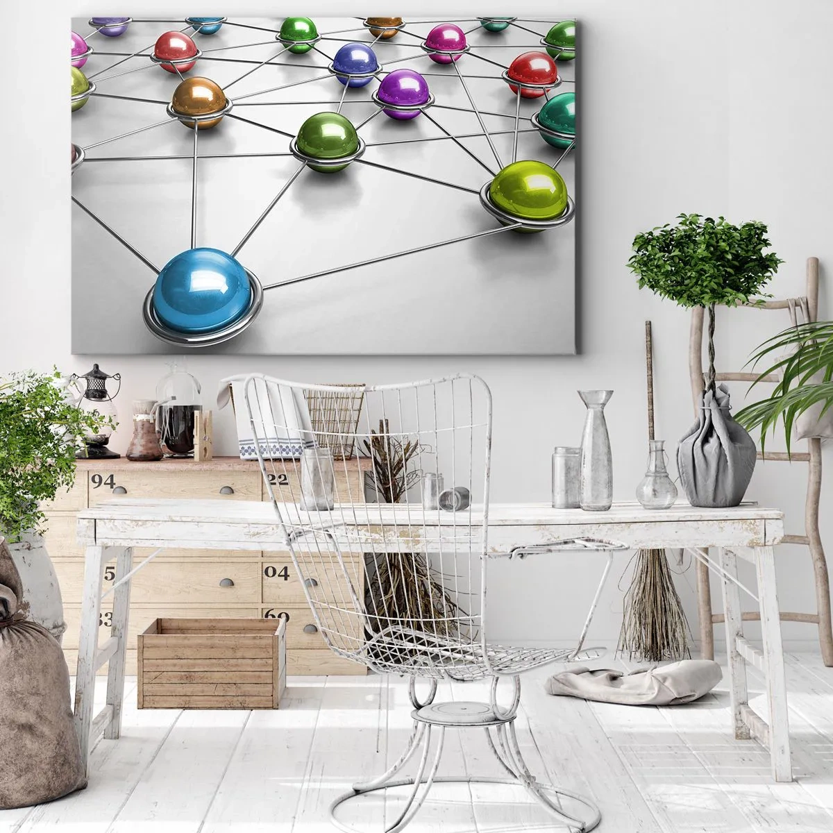 Vászonkép - Színes golyók, amelyeket vékony vonalak kötnek össze fehér alapon - 70x50cm - Kozmikus pókháló - Modern fali dekoráció nappalihoz és hálószobához ARTTOR