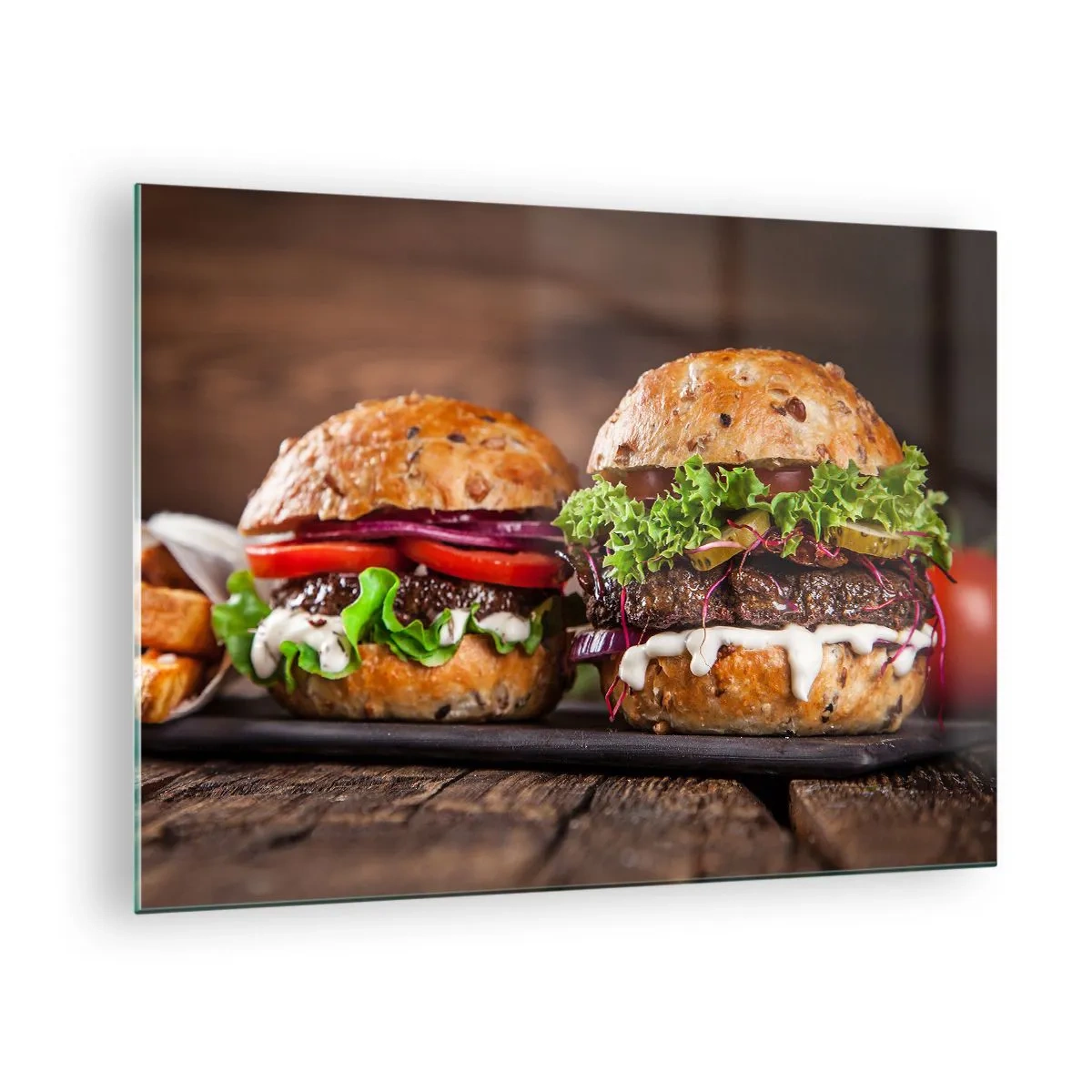 Üveg kép - Ínycsiklandozó hamburgerek zöldségekkel és szósszal - 70x50cm - American dream - Modern fali dekoráció nappalihoz és hálószobához ARTTOR