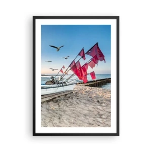 Poszter fehér keretben - Vörös zászlókkal kitűzött horgászhajó a strandon - 50x70cm - Megérdemelt pihenés - Modern fali dekoráció nappalihoz és hálószobához ARTTOR