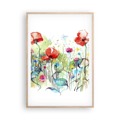Poszter világos tölgy keretben - Virágzó májusi rét - 70x100 cm
