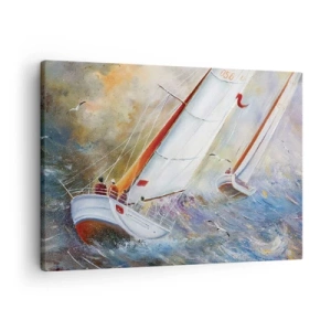 Vászonkép - Vitorlások durva hullámokon dinamikus kompozícióban - 70x50cm - A hullámokon futók  - Modern fali dekoráció nappalihoz és hálószobához ARTTOR