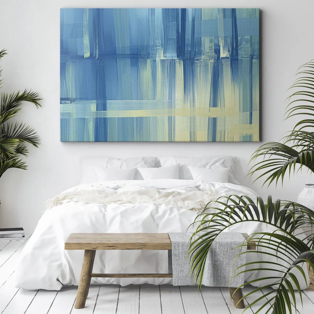 Vászonkép - Egy absztrakt festmény türkiz és kék árnyalatokban, geometrikus ecsetvonásokkal. - 70x50cm - Kompozíció türkizkékben - Modern fali dekoráció nappalihoz és hálószobához ARTTOR