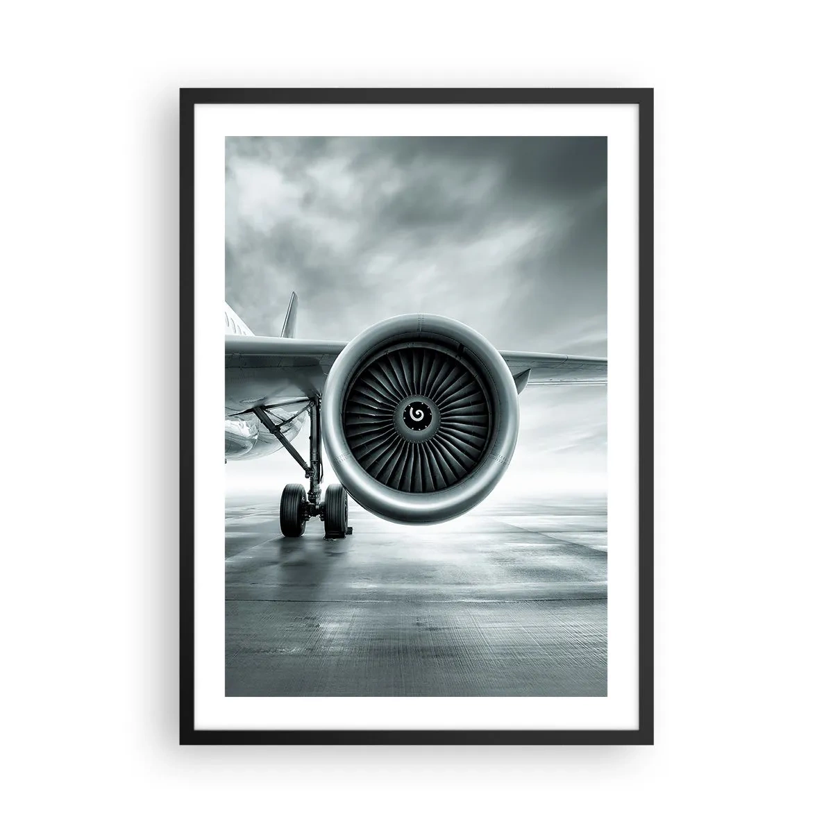 Poszter fehér keretben - Egy repülőgép sugárhajtóműve monokróm tónusokban - 50x70cm - Van erő! - Modern fali dekoráció nappalihoz és hálószobához ARTTOR