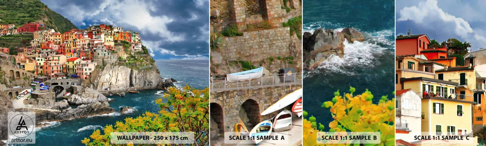 Fotótapéta Minta Öntapadós Deluxe Sticker - Egy csoport a sziklákra simulva - Tájkép, Építészet, Olaszország - 100x30 cm