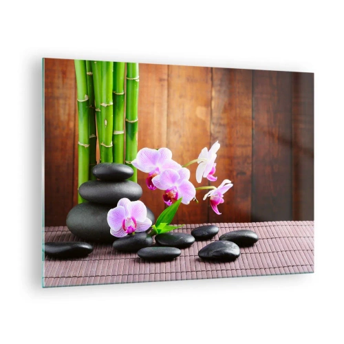 Üveg kép - Rózsaszín orchideák, bambusz és fekete kövek egy fából készült falnak - 70x50cm - Ismerd meg a kelet örömeit - Modern fali dekoráció nappalihoz és hálószobához ARTTOR