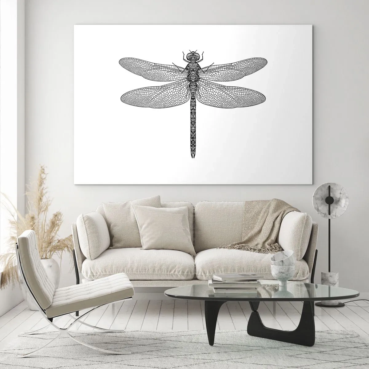 Üveg kép - Részletes illusztráció egy szitakötőről gravírozási stílusban, fehér alapon - 70x50cm - A természet precizitása - Modern fali dekoráció nappalihoz és hálószobához ARTTOR