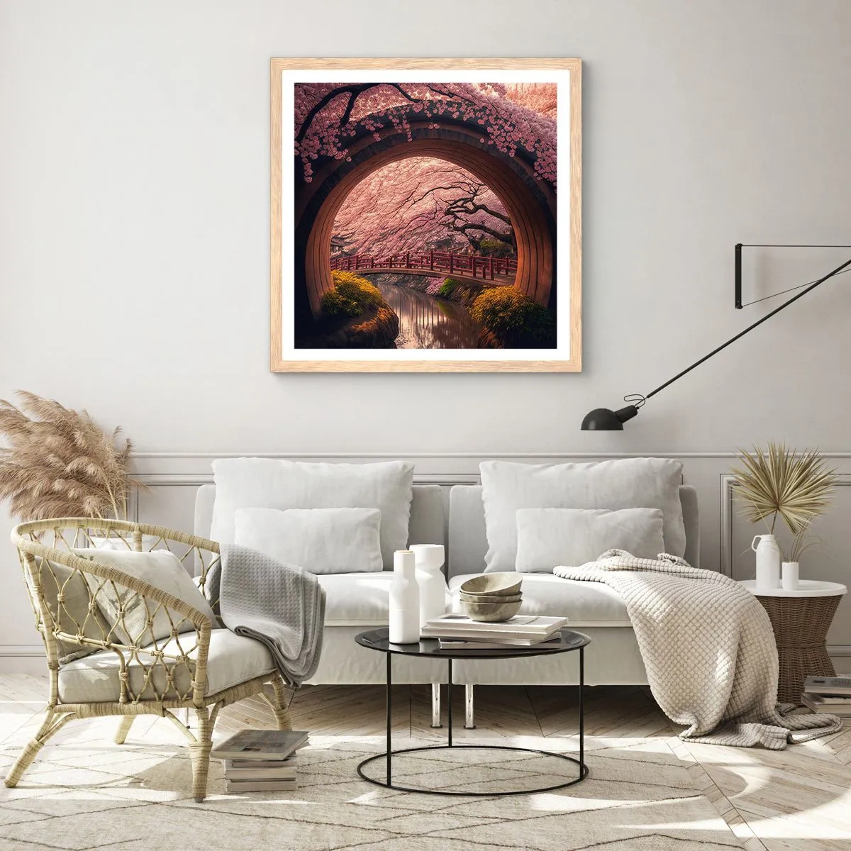 Poszter világos tölgy keretben - Japán tavasz - 50x50 cm