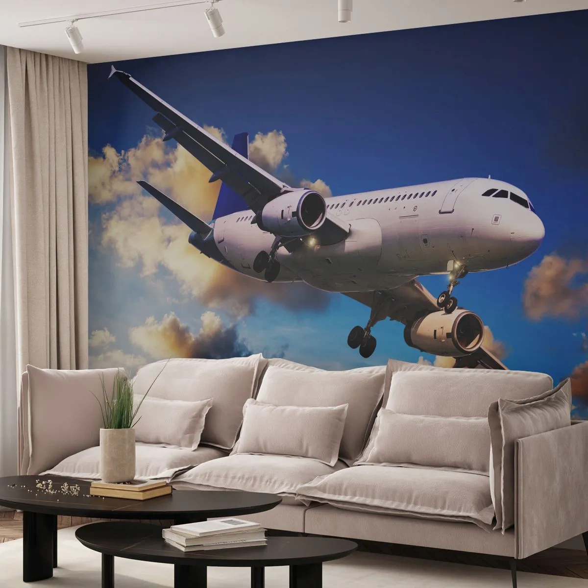Fotótapéta Premium Sand - Utazás fehérben és kékben - Repülőgép, Utazás, égbolt felhőkkel - 100x70 cm