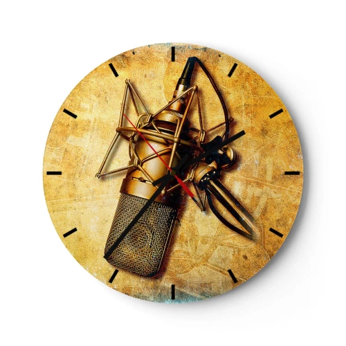 Falióra, Óra - Stúdiómikrofon motívum arany tónusú háttéren - 30x30cm - A rádiózás aranyévei - Modern fali dekoráció nappalihoz, konyhához és hálószobához ARTTOR