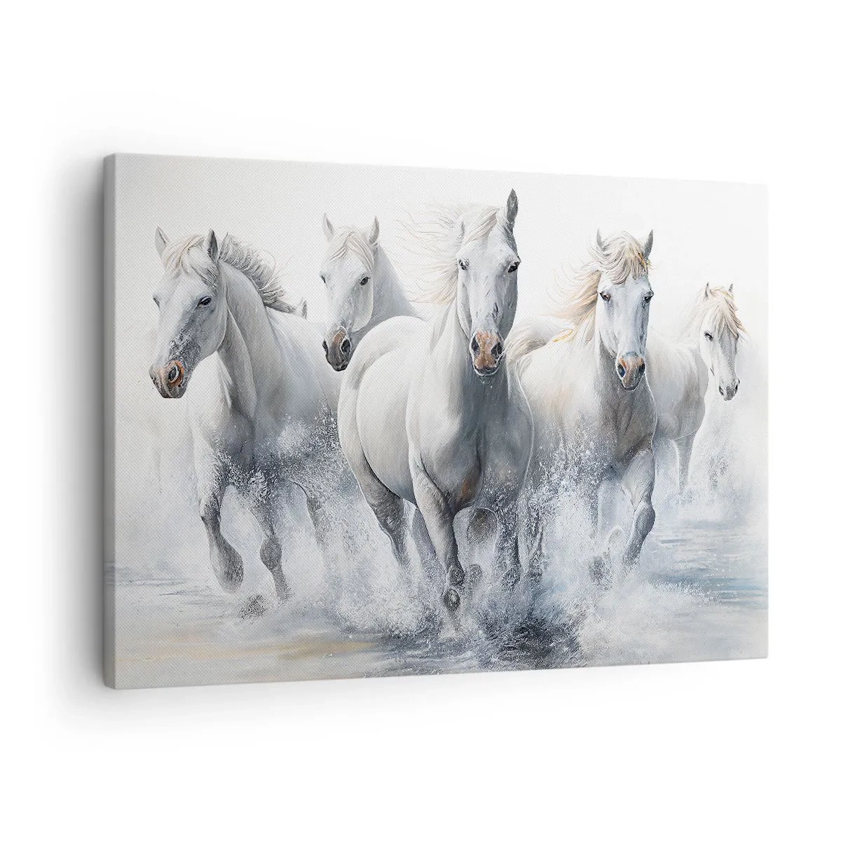 Vászonkép - Fehér lovak vágtatnak át a vízen - 70x50cm - Fehér varázslat - Modern fali dekoráció nappalihoz és hálószobához ARTTOR