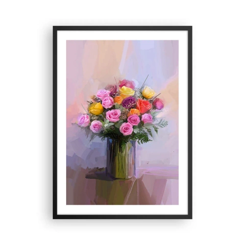 Poszter fehér keretben - Egy csokor rózsa és virág üvegvázában - 50x70cm - Megtartott szépség - Modern fali dekoráció nappalihoz és hálószobához ARTTOR