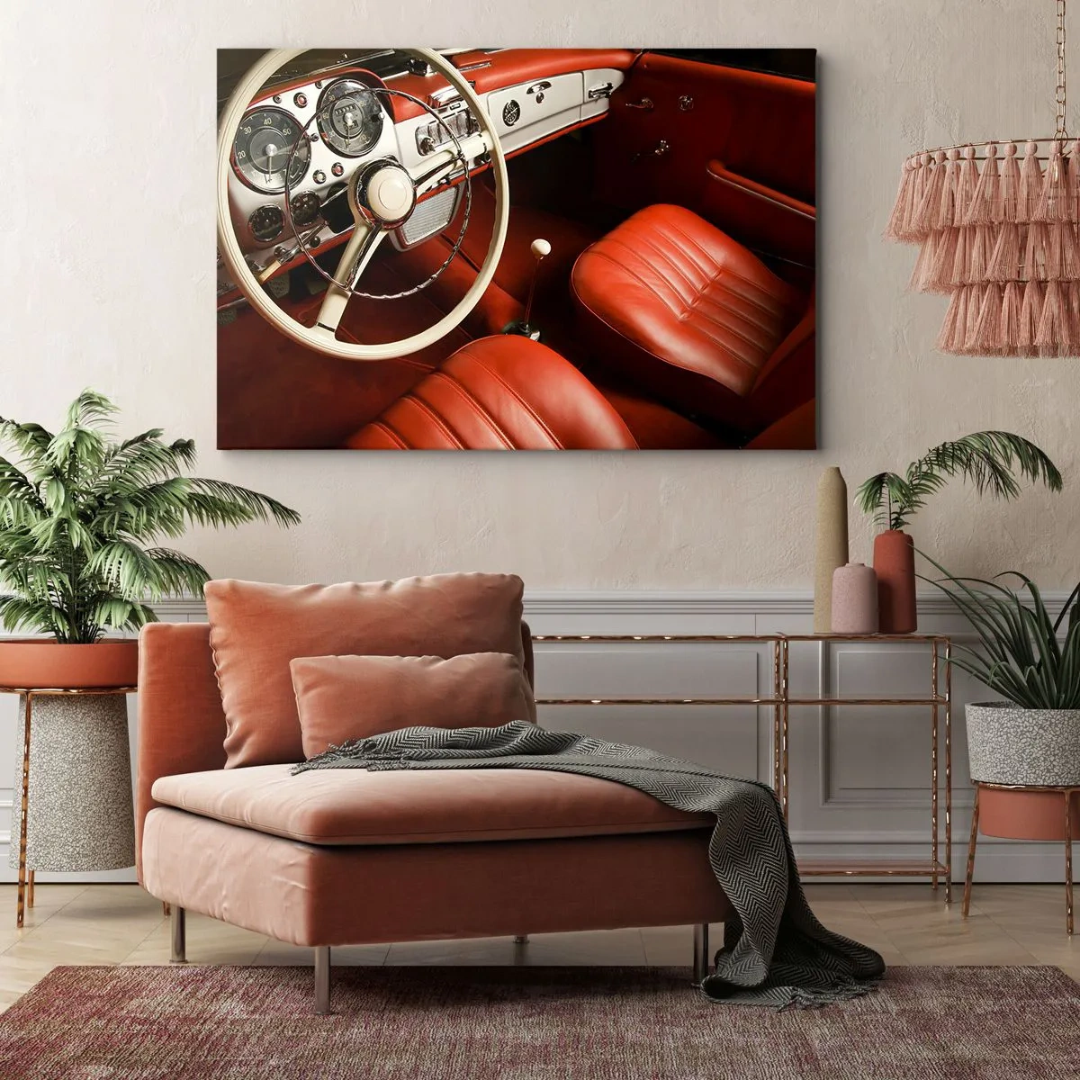 Vászonkép - Klasszikus autóbelső piros bőrülésekkel - 70x50cm - Luxus vintage stílusban - Modern fali dekoráció nappalihoz és hálószobához ARTTOR