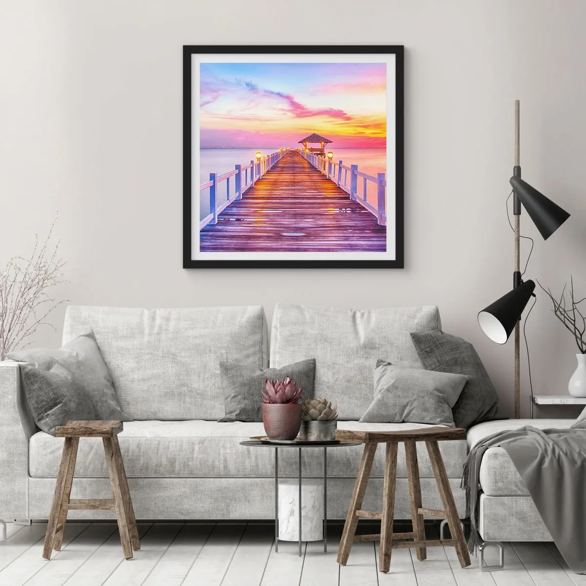 Poszter fehér keretben - Az est lilás-arany csendje - 60x60 cm