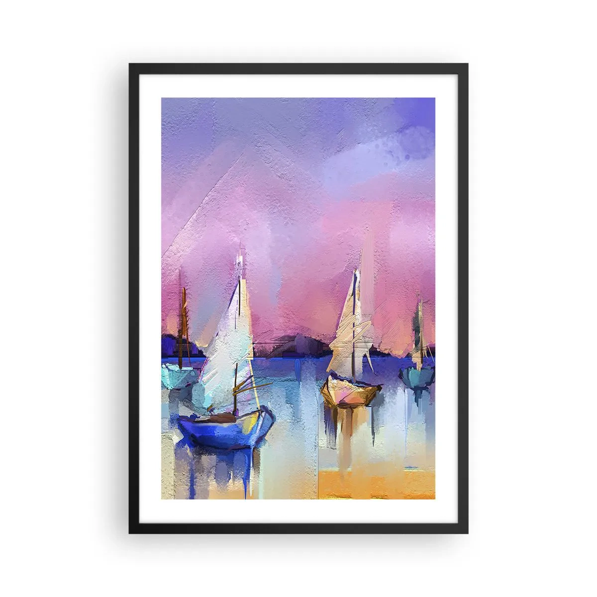 Poszter fehér keretben - Absztrakt vitorlások színes háttérrel - 50x70cm - Irány: széles vizek - Modern fali dekoráció nappalihoz és hálószobához ARTTOR