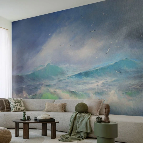 Fotótapéta Premium Sand - "A forgószél diadalmasan üvöltött...” - Vihar, Magas hullám, Madarak - 100x70 cm