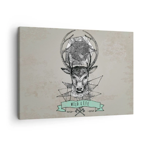 Vászonkép - Vintage stílusú szarvas geometria Wild Life felirattal - 70x50cm - Szt. Hubertus látomása - Modern fali dekoráció nappalihoz és hálószobához ARTTOR