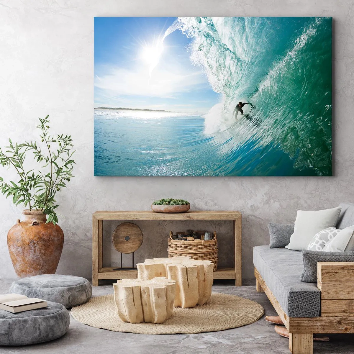 Vászonkép - Egy szörfös lovagol egy hullámot a napfényben, a kék ég ellen - 70x50cm - Mindig a hullámon - Modern fali dekoráció nappalihoz és hálószobához ARTTOR