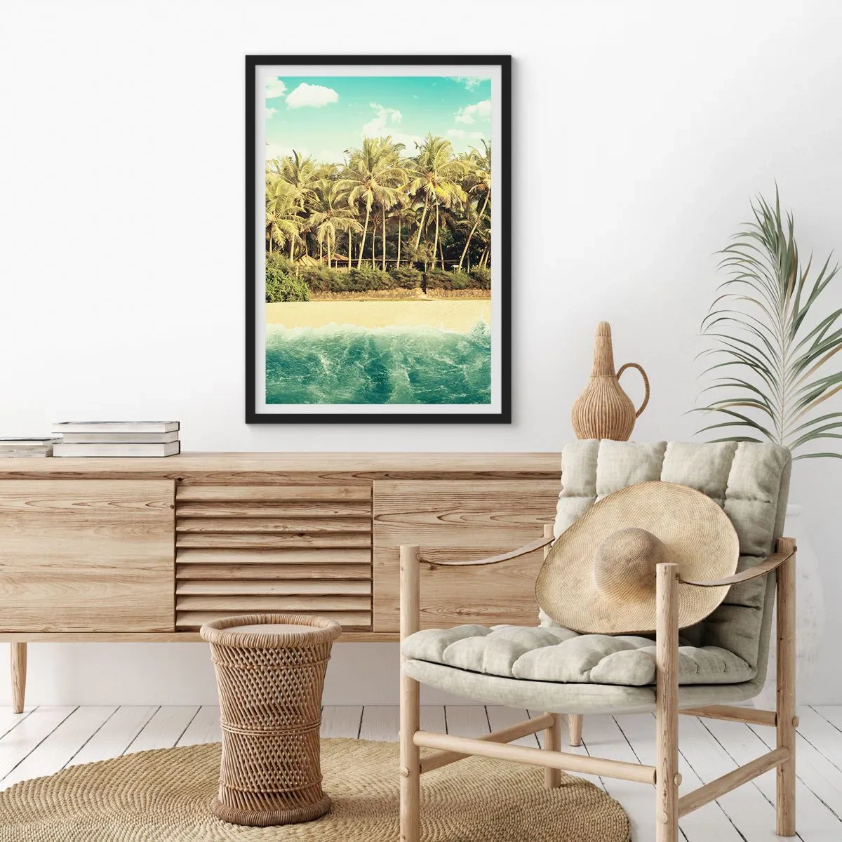 Poszter fehér keretben - Trópusi tengerpart pálmafákkal és azúrkék vízzel - 50x70cm - Talán itt? - Modern fali dekoráció nappalihoz és hálószobához ARTTOR