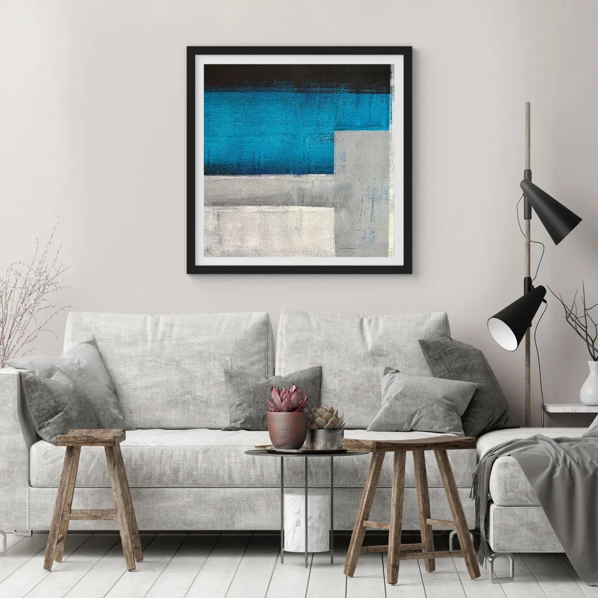 Poszter fehér keretben - Szürke és kék költői kompozíció - 30x30 cm