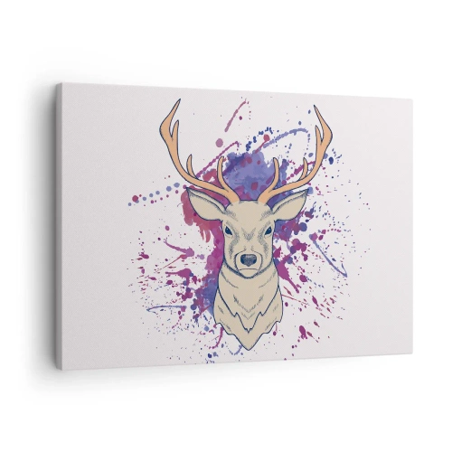 Vászonkép - Szarvas portréja absztrakt foltokkal a háttérben - 70x50cm - Bátorság és egyensúly - Modern fali dekoráció nappalihoz és hálószobához ARTTOR