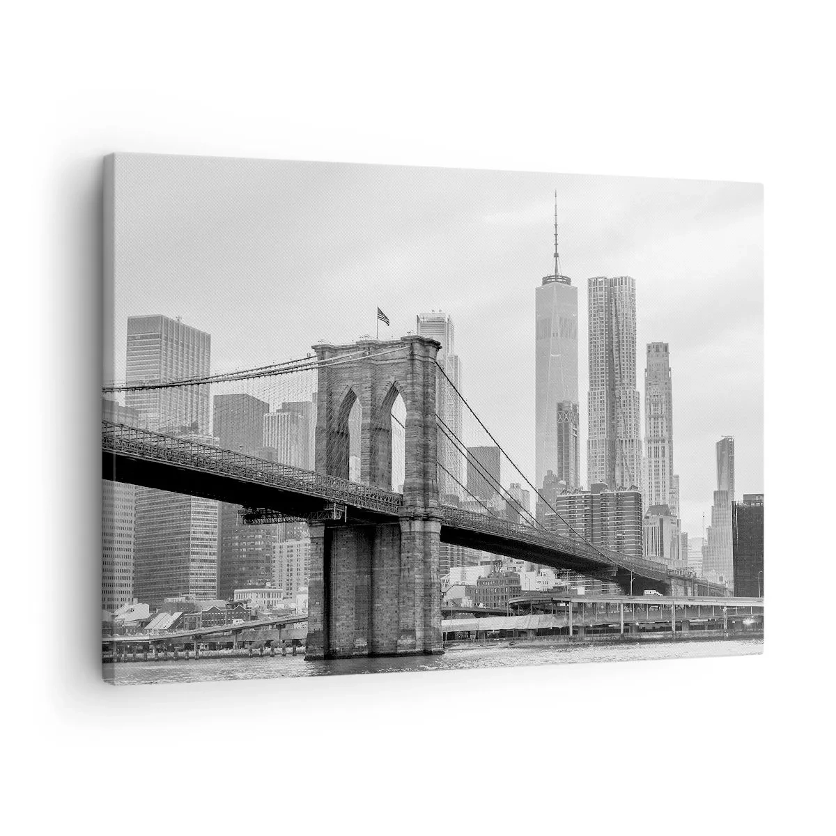 Vászonkép - Brooklyn híd, háttérben New York-i felhőkarcolókkal - 70x50cm - New York-i hangulat - Modern fali dekoráció nappalihoz és hálószobához ARTTOR