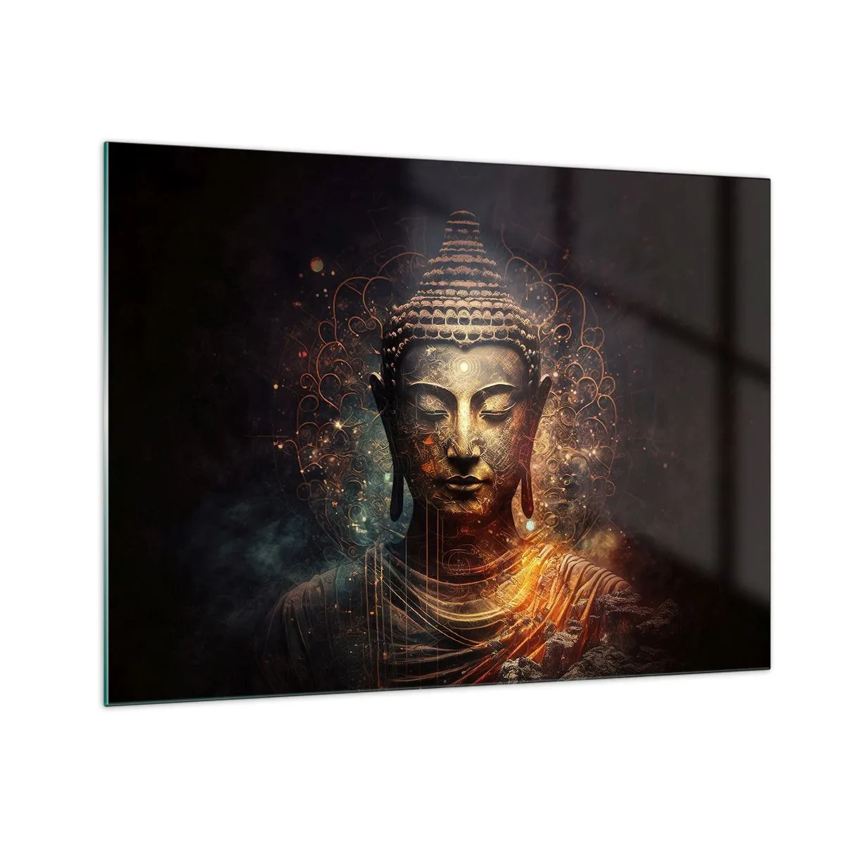 Üveg kép - Egy arany Buddha-alak sötét háttér előtt, díszekkel - 70x50cm - Spirituális egyensúly - Modern fali dekoráció nappalihoz és hálószobához ARTTOR