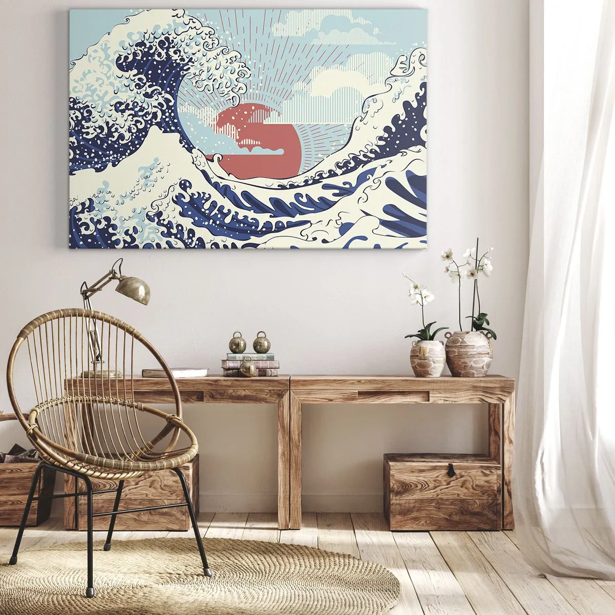 Vászonkép - Óceánhullámok és egy japán stílusú naplemente - 70x50cm - Japán inspirációból - Modern fali dekoráció nappalihoz és hálószobához ARTTOR