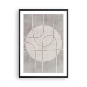 Poszter fehér keretben - Geometriai vonalak és egy kör szürke árnyalatokban - 50x70cm - Körkörös és egyenes - Modern fali dekoráció nappalihoz és hálószobához ARTTOR