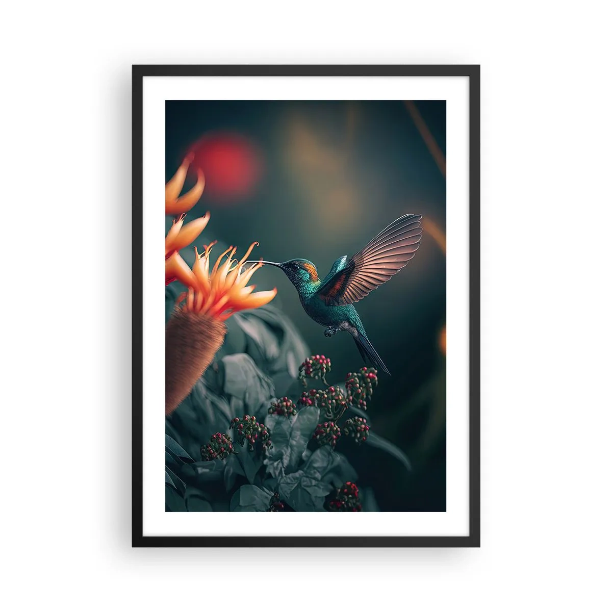 Poszter fehér keretben - Egy színes kolibri virágok közelében a zöld növényzet között - 50x70cm - Egy igazán színes élet - Modern fali dekoráció nappalihoz és hálószobához ARTTOR