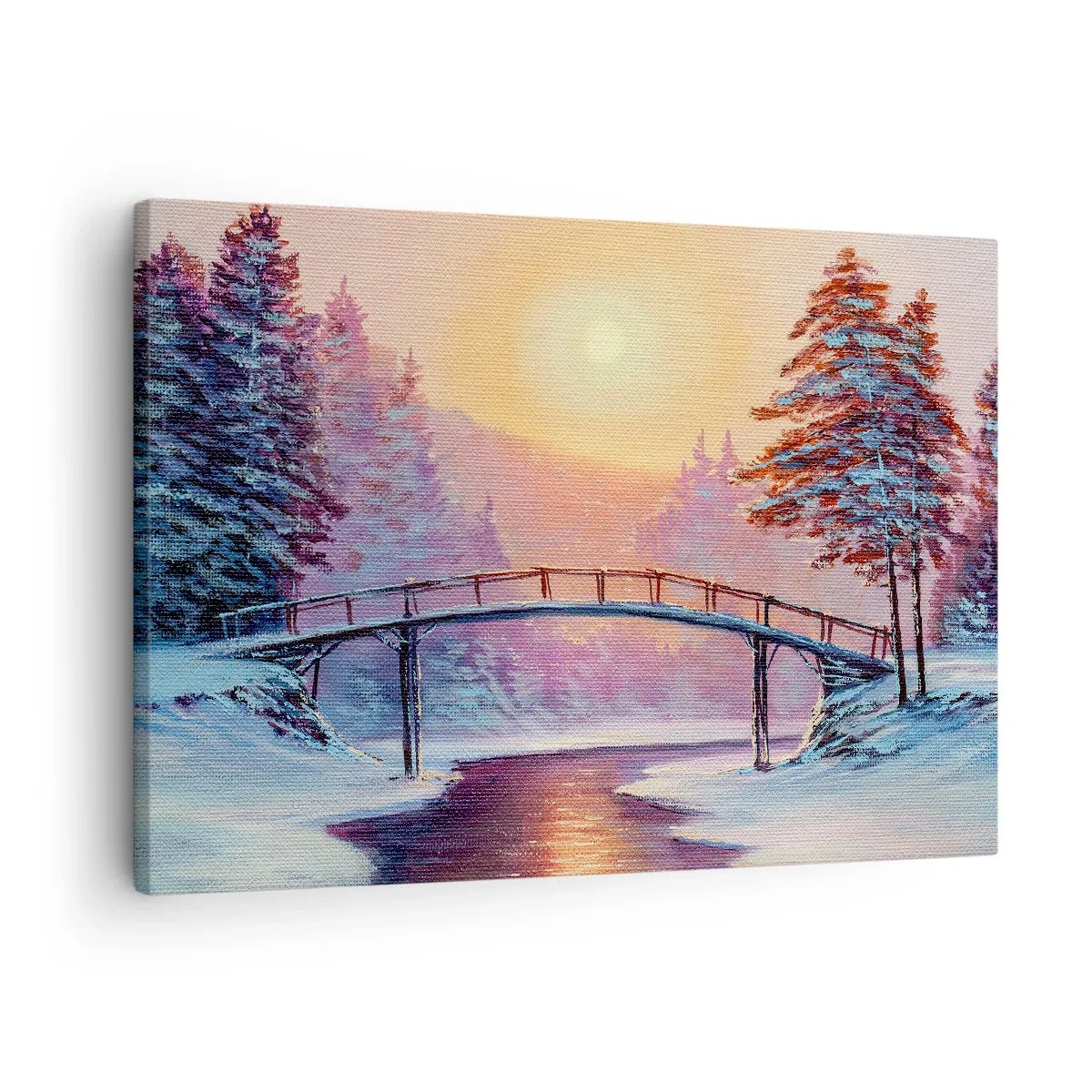Vászonkép - Téli táj egy naplemente által megvilágított híddal - 70x50cm - Négy évszak - tél - Modern fali dekoráció nappalihoz és hálószobához ARTTOR