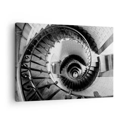 Vászonkép - Fekete-fehér fénykép egy csigalépcsőről felülről lefelé néző perspektívából - 70x50cm - Feljebb es feljebb - Modern fali dekoráció nappalihoz és hálószobához ARTTOR