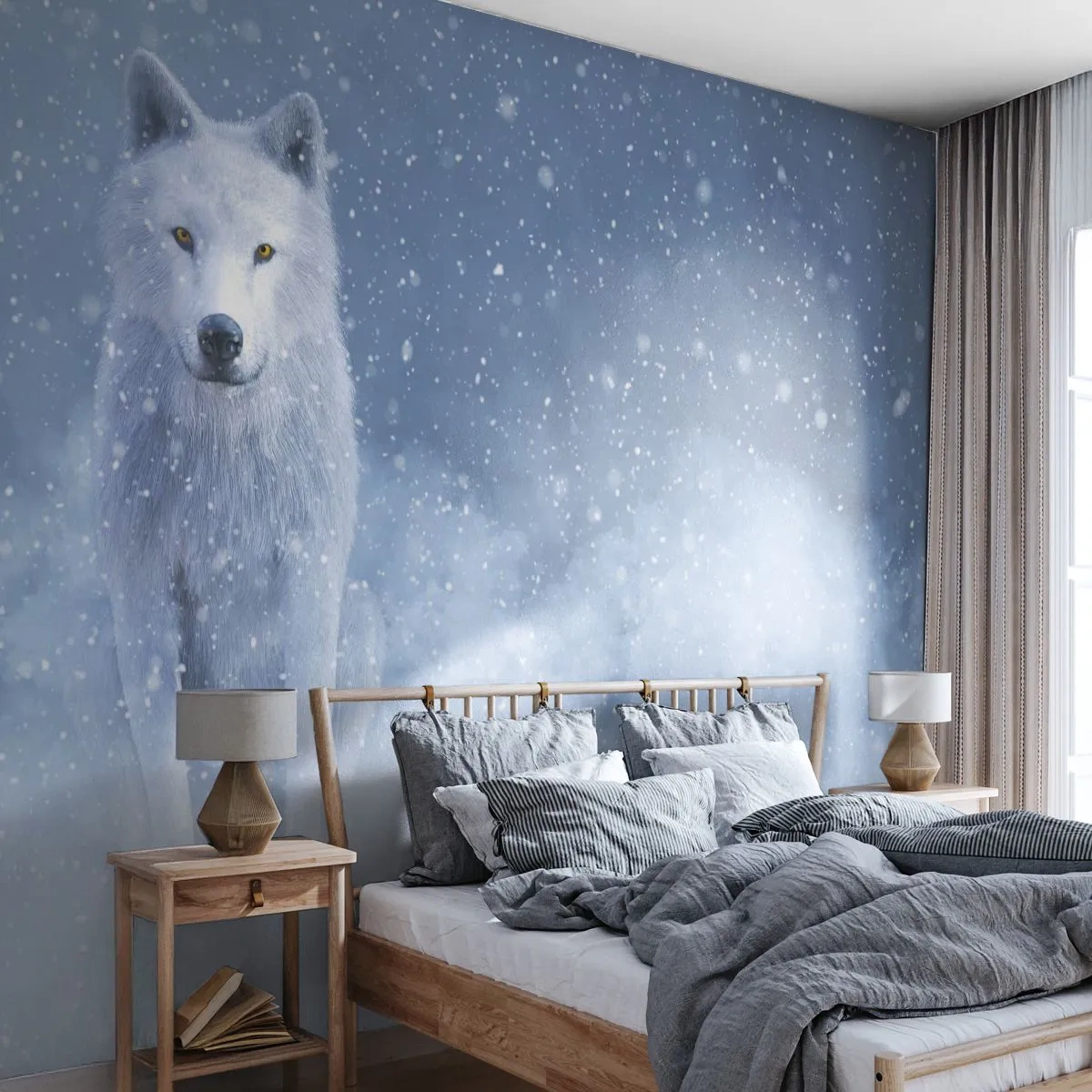 Fotótapéta Premium Sand - Téli hangulatban - fehér farkas, Állatok, Téli - 100x70 cm