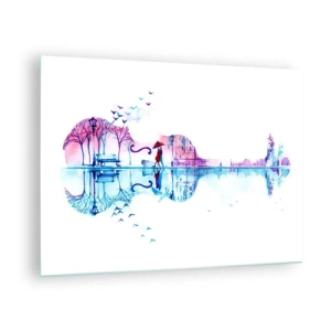 Üveg kép - Gitár alakú tájkép akvarell stílusban - 70x50cm - Eső dalokat hozok nektek - Modern fali dekoráció nappalihoz és hálószobához ARTTOR