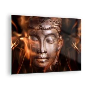 Üveg kép - Buddha homályos arca meleg arany és barna árnyalatokban - 70x50cm - Csak itt és most létezik - Modern fali dekoráció nappalihoz és hálószobához ARTTOR