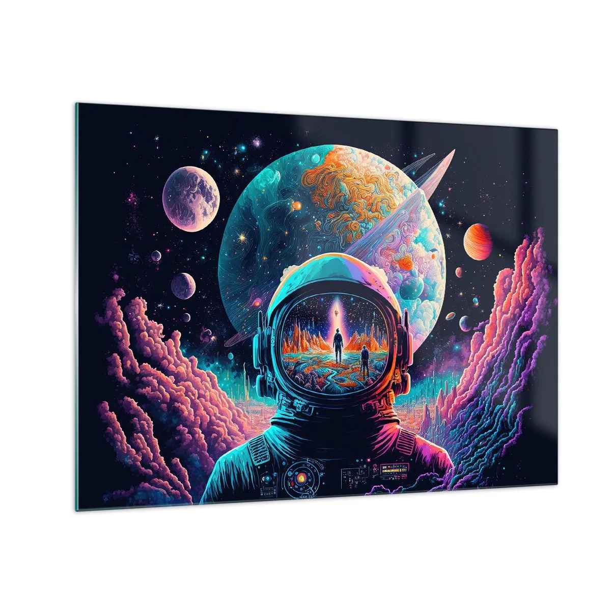 Üveg kép - Egy űrhajóssal és egy szürreális bolygóval rendelkező űrtájkép. - 70x50cm - A filozófusok sosem álmodtak erről - Modern fali dekoráció nappalihoz és hálószobához ARTTOR