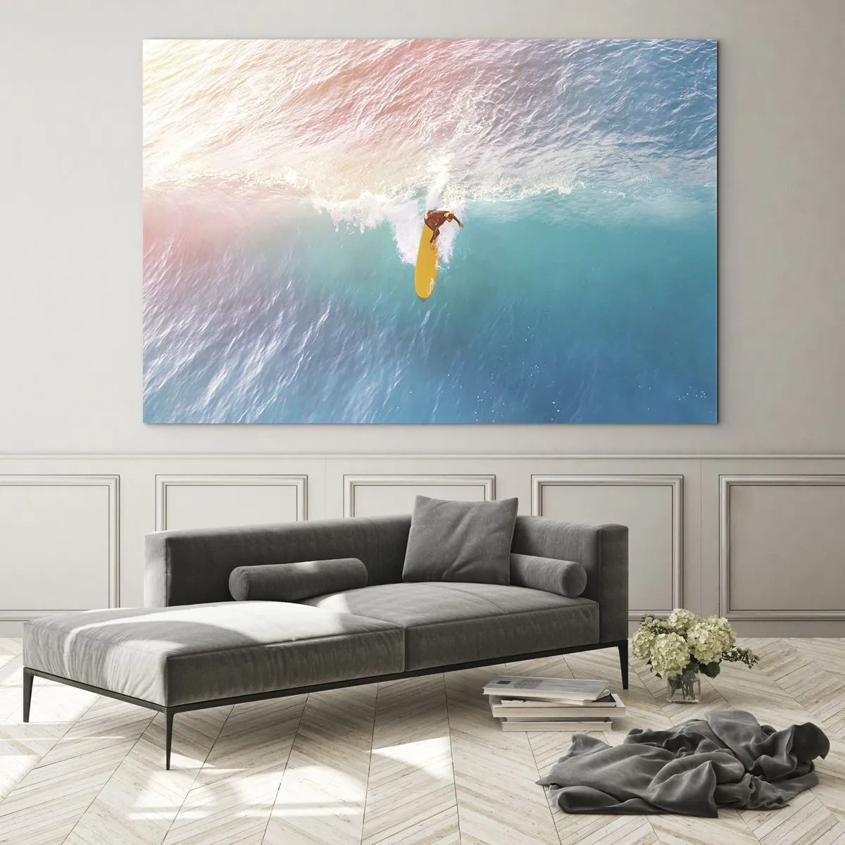 Üveg kép - Szörfös lovagol egy hullámot a türkizkék óceánban - 70x50cm - Az óceánlovas - Modern fali dekoráció nappalihoz és hálószobához ARTTOR