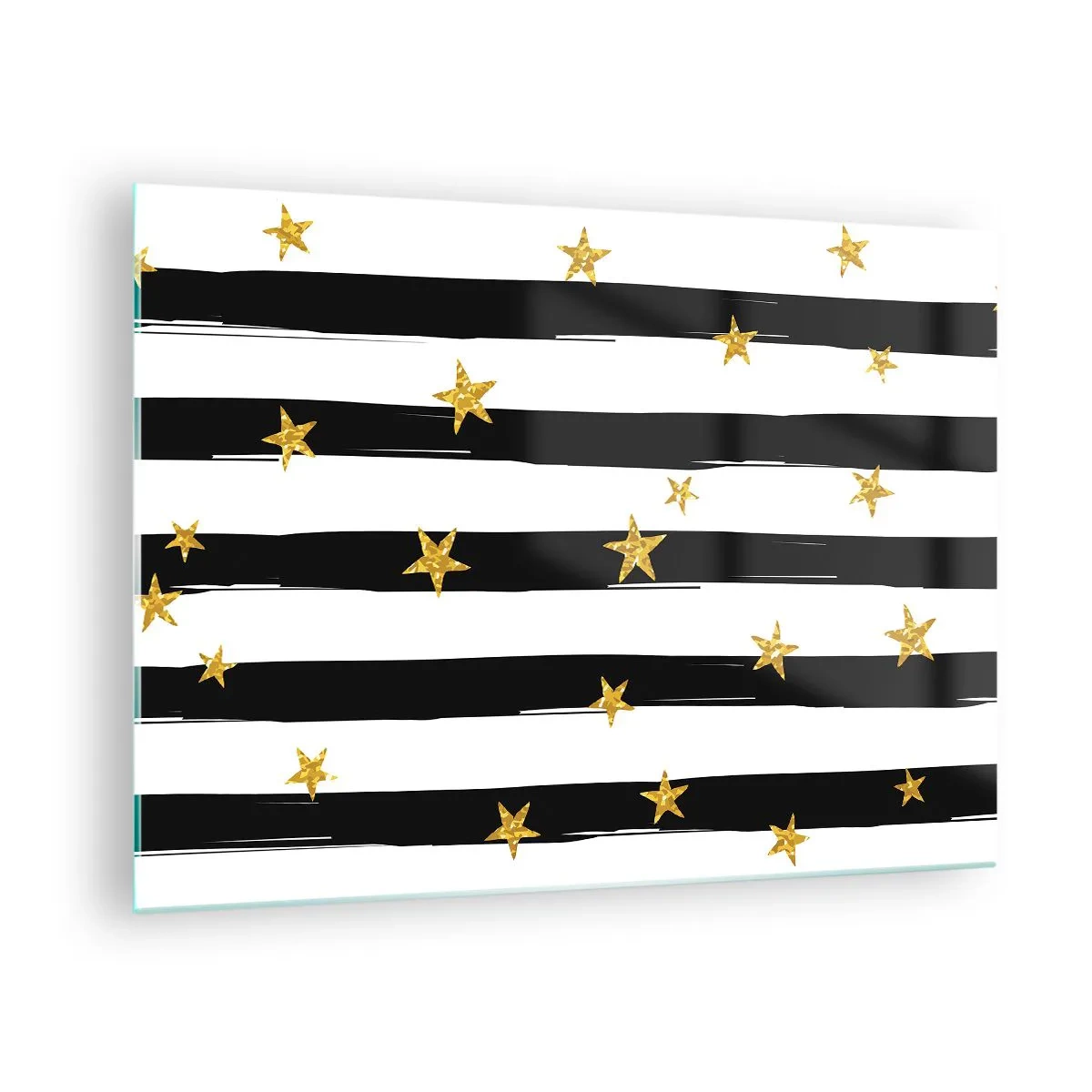 Üveg kép - Fekete-fehér csíkok arany csillagokkal - 70x50cm - Mindannyian szerencsés csillag alatt születtünk - Modern fali dekoráció nappalihoz és hálószobához ARTTOR